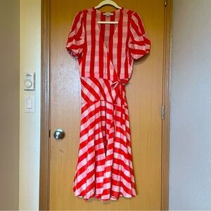 LOFT Red and Pink Gingham Plaid Midi Wrap Dress